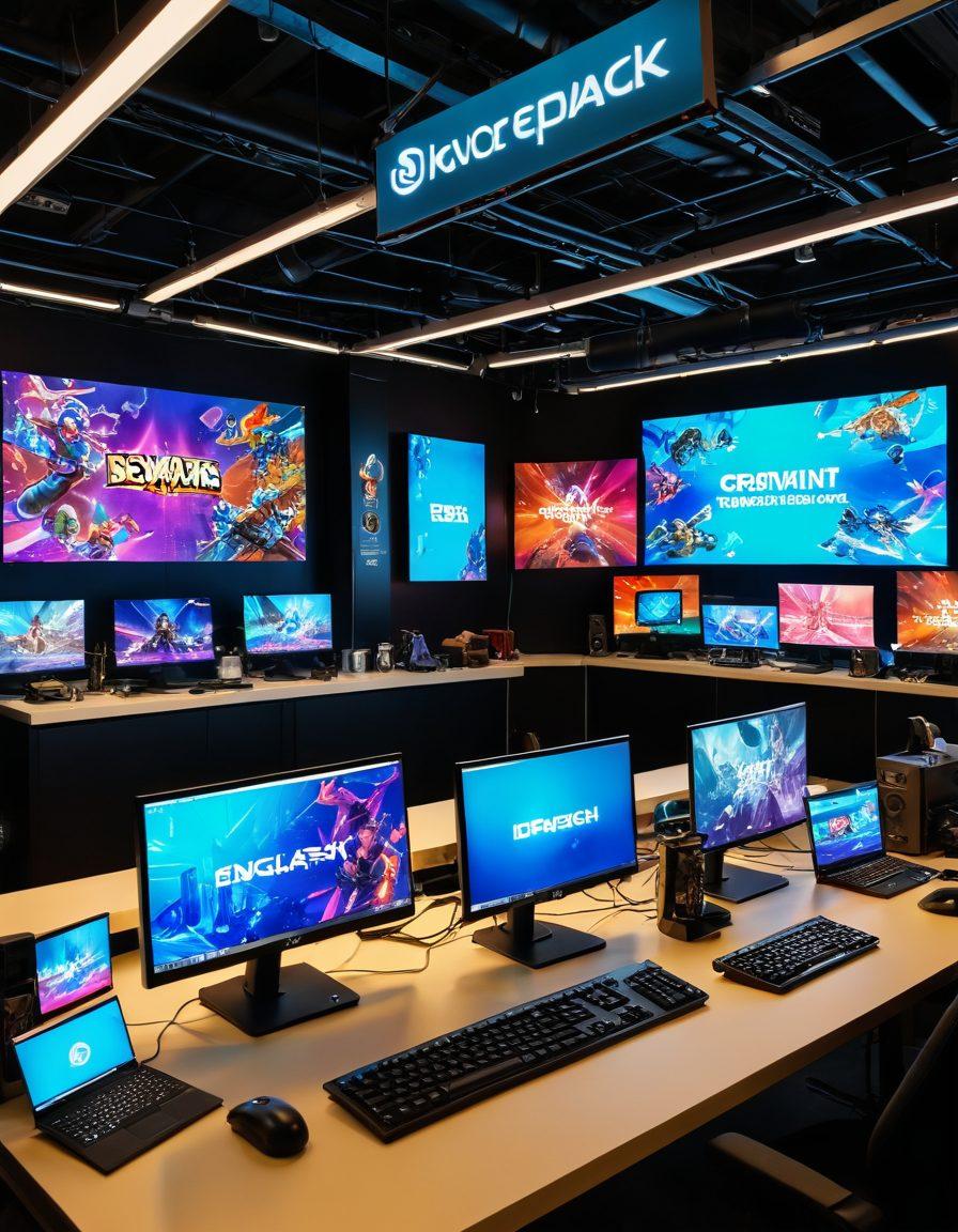 A dynamic scene showcasing a diverse group of game modders collaborating in a vibrant workshop, with holographic screens displaying custom mods and unique game add-ons. Various gaming equipment and art supplies are scattered around, highlighting creativity and innovation. A large banner in the background reads 'Unleash Creativity', filled with vivid colors and intricate designs. Elements of popular video games subtly integrated into the workspace to inspire. super-realistic. vibrant colors. 3D.