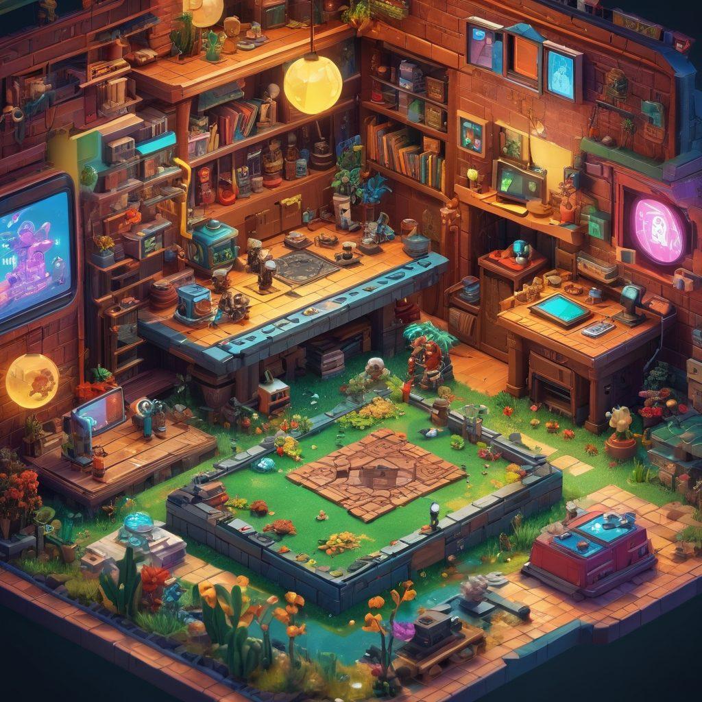 A vibrant digital landscape featuring diverse creators collaborating on game enhancements, with colorful character designs, tools, and game interfaces scattered around. Include elements of gaming culture like consoles and pixel art icons in the background. Convey a sense of community and creativity. super-realistic. vibrant colors. 3D.