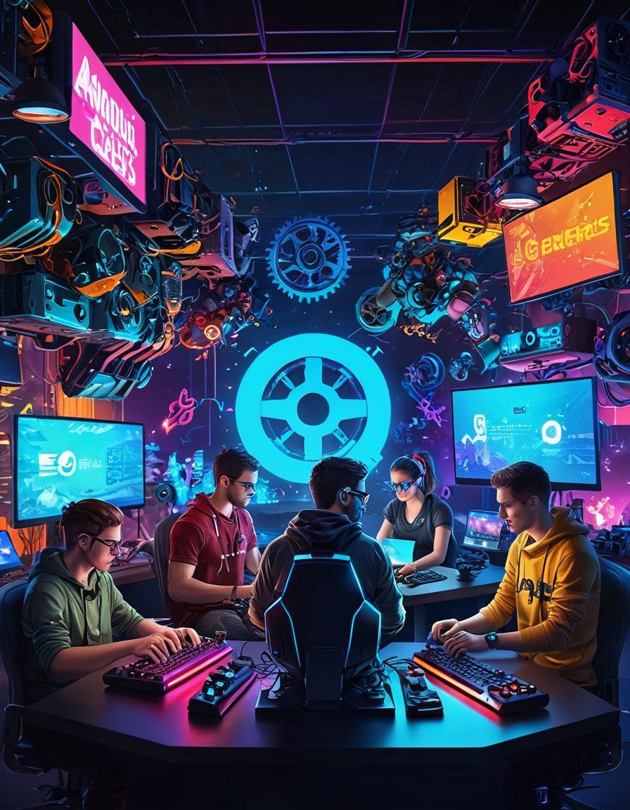 A vibrant digital landscape depicting a diverse group of gamers collaborating on creating mods, surrounded by colorful, dynamic elements like game controllers, code snippets, and virtual avatars. The atmosphere radiates creativity and innovation, showcasing a blend of fantasy and technology with a glowing, futuristic backdrop. Include elements like gears, pixels, and gaming icons to represent modding culture. super-realistic. vibrant colors.